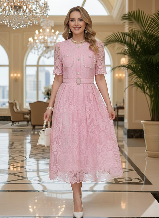 Fabulous Floral Crochet Hollow Out Pink Party Dress - Ships in 24 Hrs