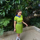 Sporty Look Short Sleeve Top With Green Pleated Skirt Set
