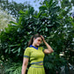 Sporty Look Short Sleeve Top With Green Pleated Skirt Set