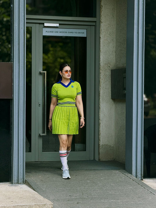 Sporty Look Short Sleeve Top With Green Pleated Skirt Set
