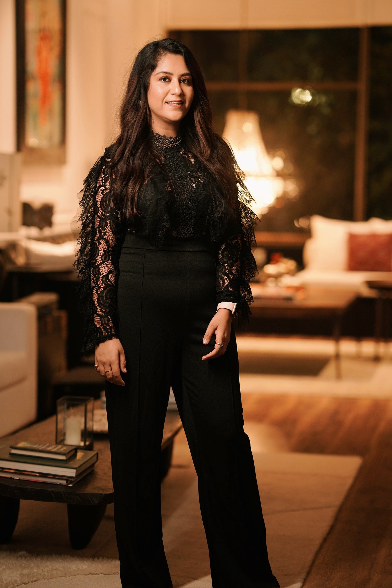 Ultramod See Through Lace Gauze Patchwork Solid Black Jumpsuit