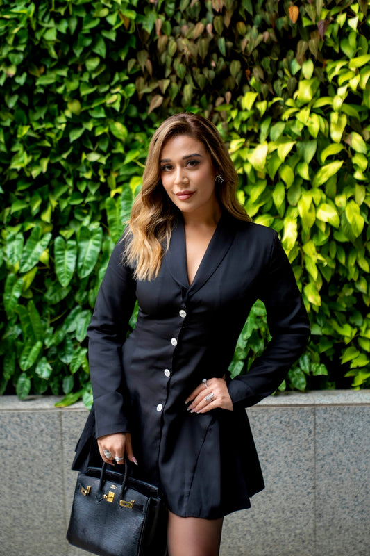 Chic Black Deep V Neck Pleated Mini Blazer Dress