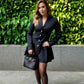 Chic Black Deep V Neck Pleated Mini Blazer Dress