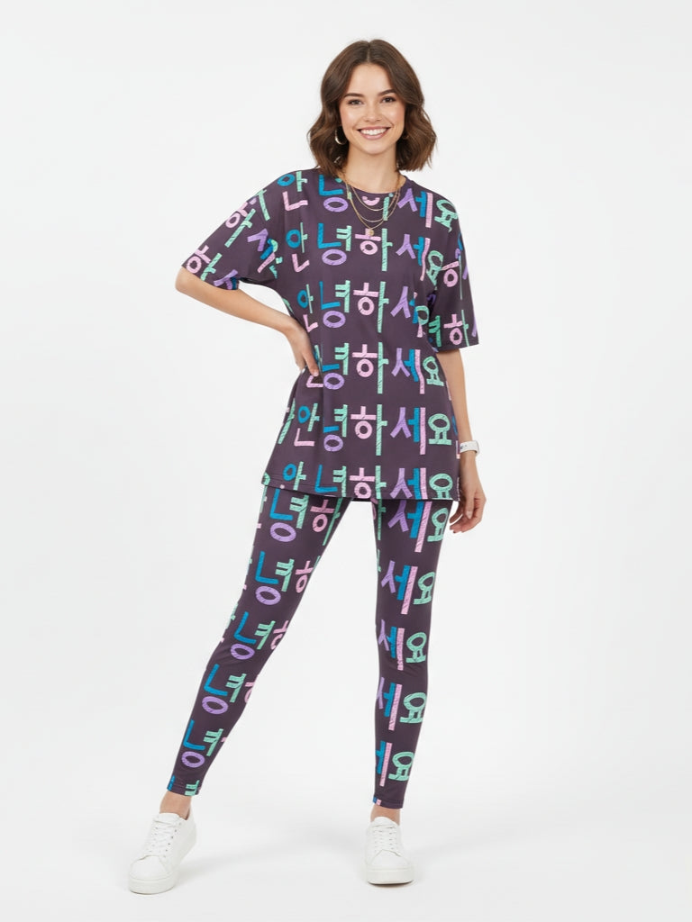 Trending Korean Hello Print Premium Oversized Tee With Tummy Tuck Body Shaping Leggings Co-ord Set