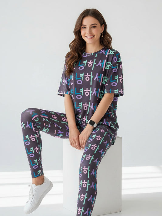 Trending Korean Hello Print Premium Oversized Tee With Tummy Tuck Body Shaping Leggings Co-ord Set