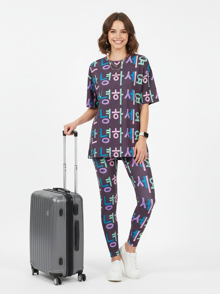 Trending Korean Hello Print Premium Oversized Tee With Tummy Tuck Body Shaping Leggings Co-ord Set