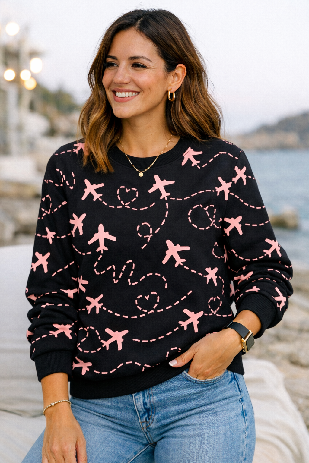 Quirky Aircraft Print Pink Sweatshirt