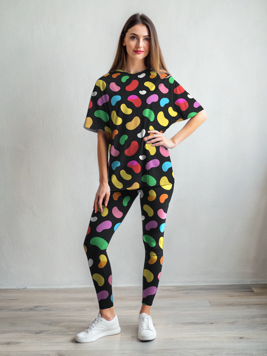 Delicious Jelly Bean Print Premium Oversized Tee With Black Leggings Set