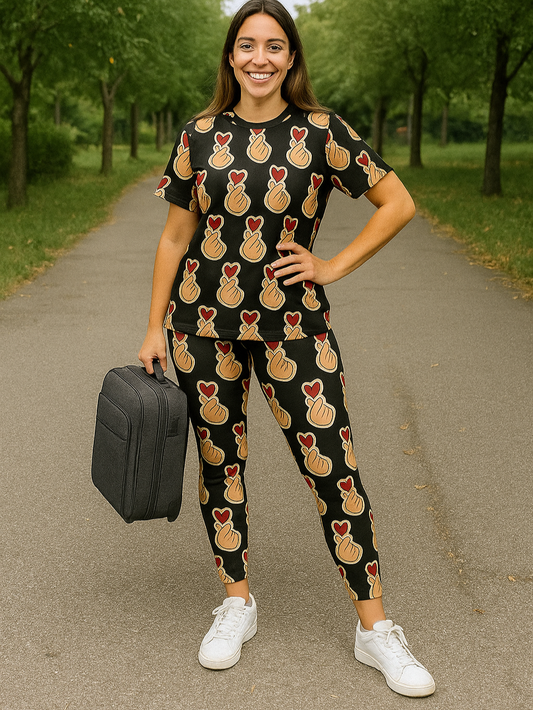 Cute Korean Heart Print Premium Oversized Tee With Tummy Tuck Body Shaping Leggings Co-ord Set