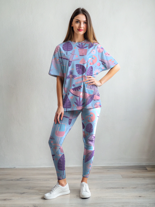 Holiday Wear Theme  Print Premium Oversized Tee With Tummy Tuck Body Shaping Leggings Co-ord Set