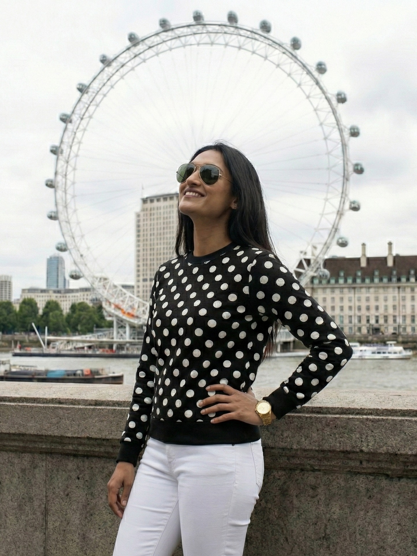 London Vibe Evergreen Polka Dot Print Black Sweatshirt