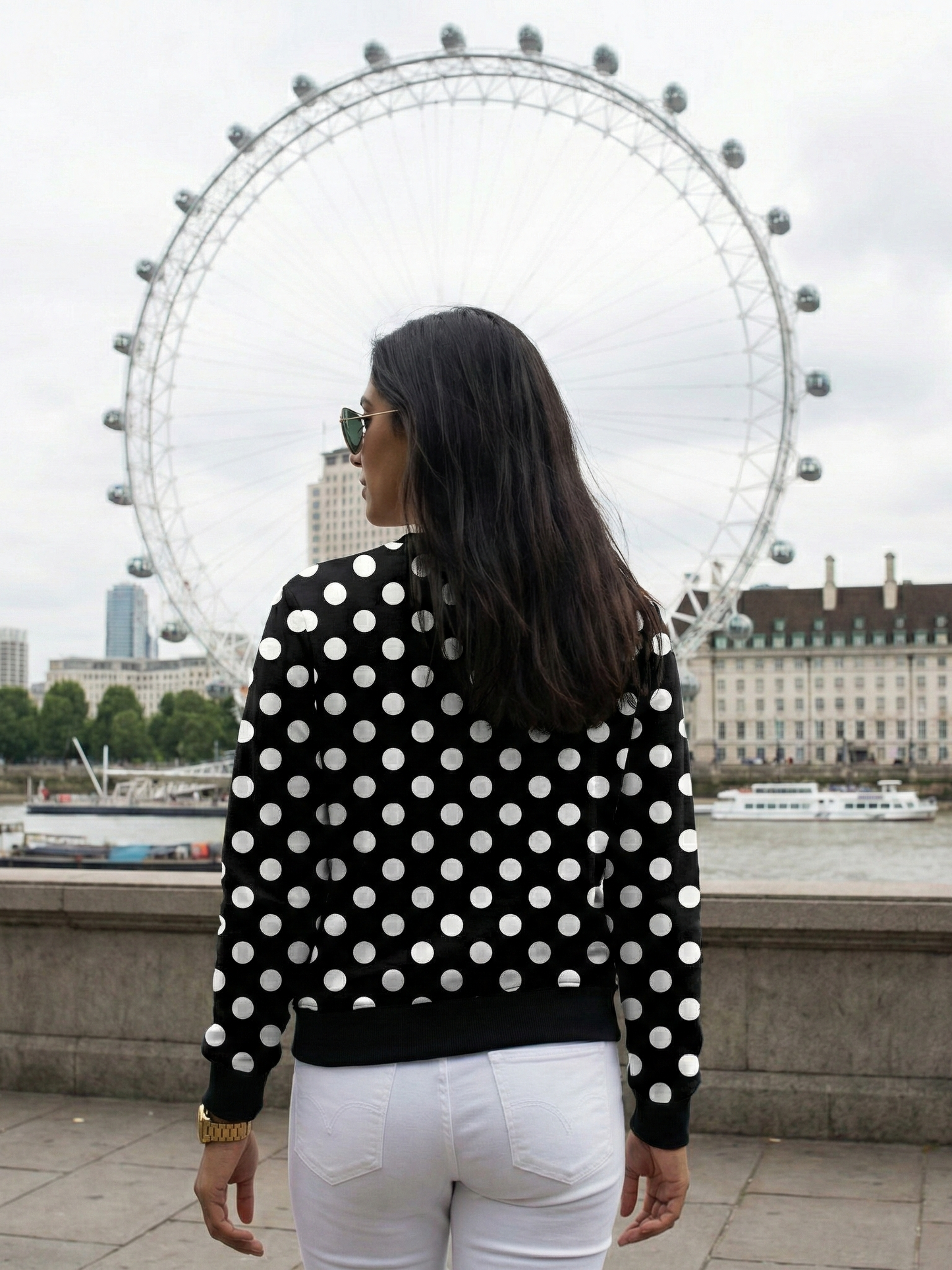 London Vibe Evergreen Polka Dot Print Black Sweatshirt