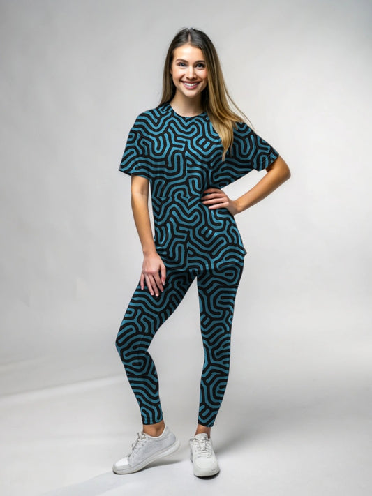 Simple Maze Print Premium Oversized Tee With Tummy Tuck Body Shaping Leggings Aqua Green Co-ord Set