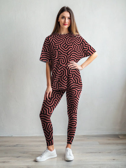 Simple Maze Print Premium Oversized Tee With Tummy Tuck Body Shaping Leggings Magenta Co-ord Set