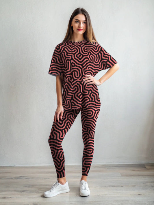 Simple Maze Print Premium Oversized Tee With Tummy Tuck Body Shaping Leggings Magenta Co-ord Set