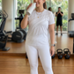 Simple Lines Print | Activewear Coord Set Tshirt With Tummy Tuck White Leggings | Multi Sport | Odour Free