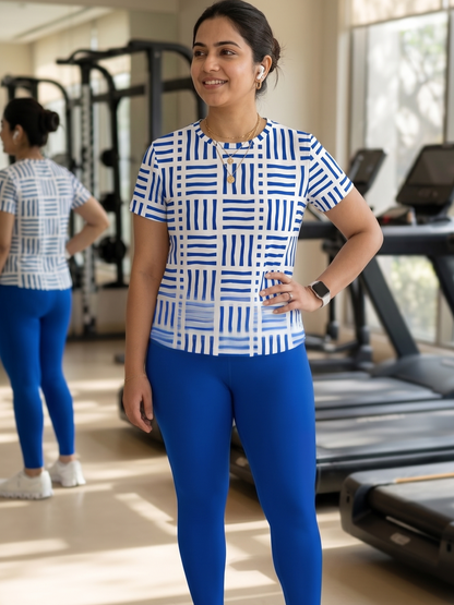 Sophisticated Geometric Print | Activewear Coord Set Tshirt With Tummy Tuck Blue Leggings | Multi Sport | Odour Free