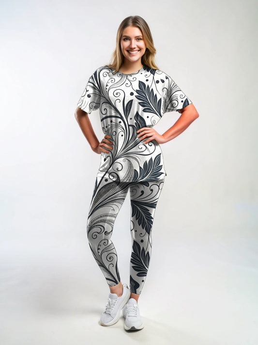 Pretty Nature Monochrome Print Premium Oversized Tee With Tummy Tuck Body Shaping Leggings Co-ord Set