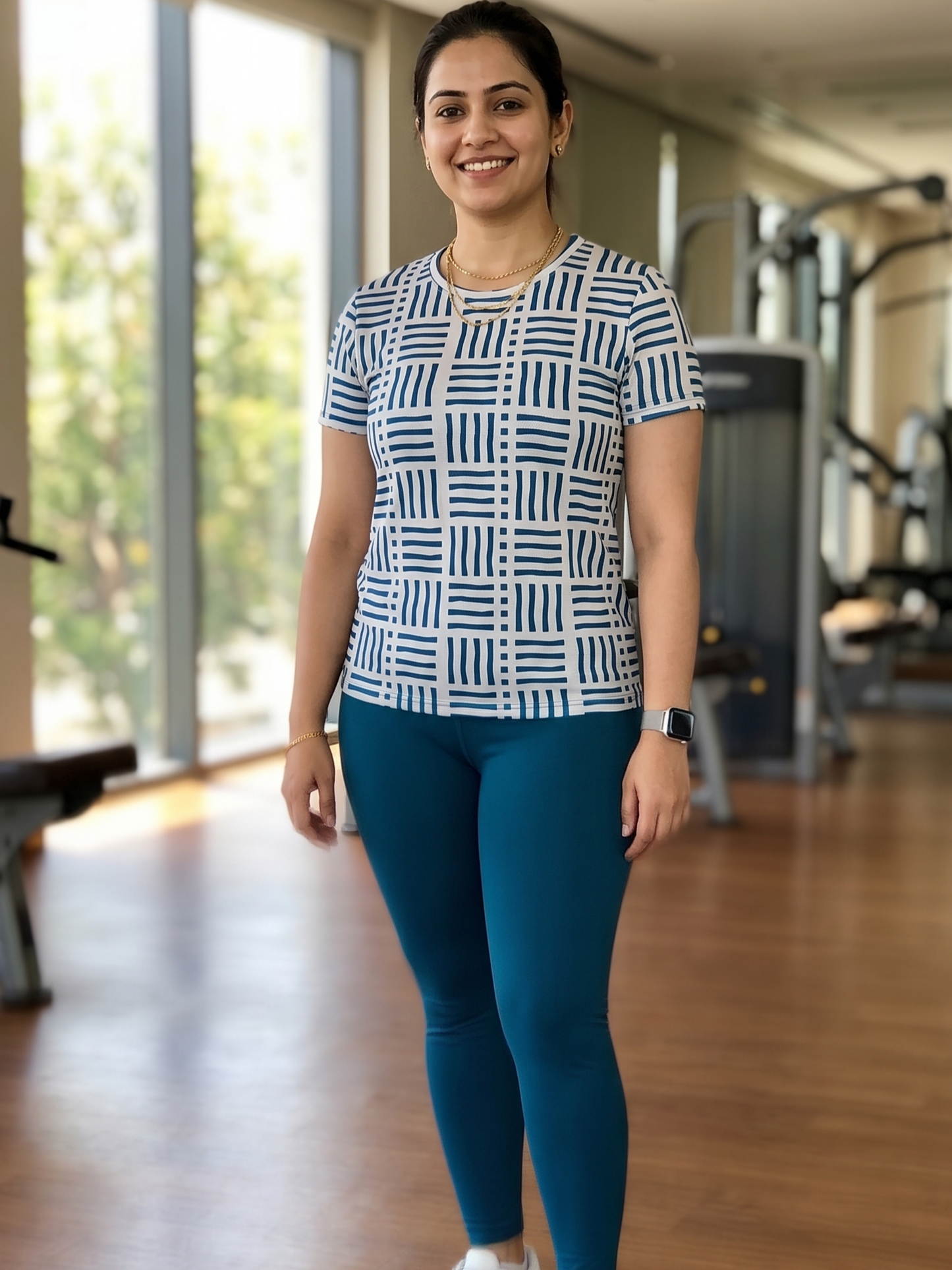 Sophisticated Geometric Print | Activewear Coord Set Tshirt With Tummy Tuck Green Leggings | Multi Sport | Odour Free