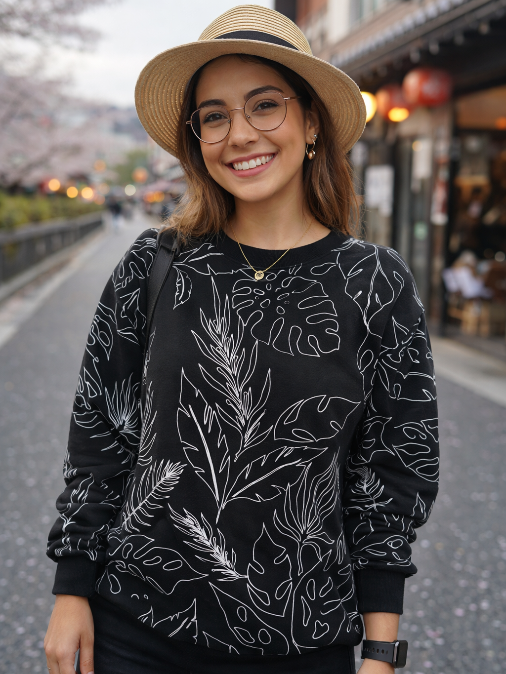 Monochrome Floral Print Black Sweatshirt