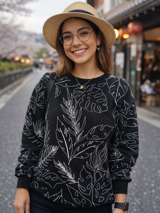 Monochrome Floral Print Black Sweatshirt