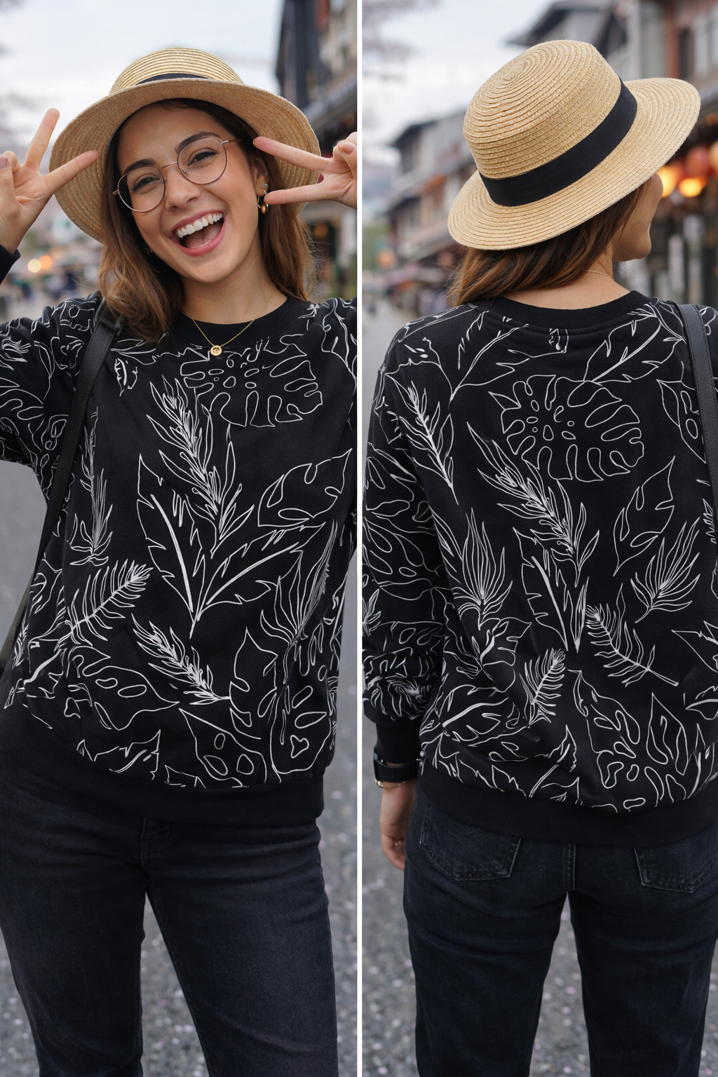 Monochrome Floral Print Black Sweatshirt