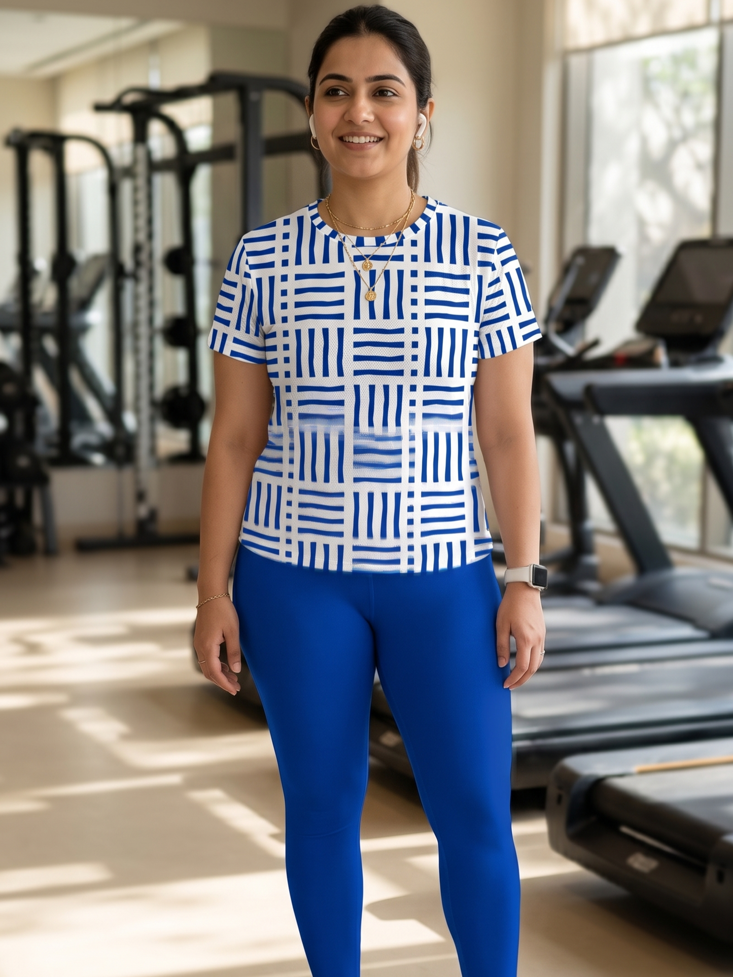 Sophisticated Geometric Print | Activewear Coord Set Tshirt With Tummy Tuck Blue Leggings | Multi Sport | Odour Free