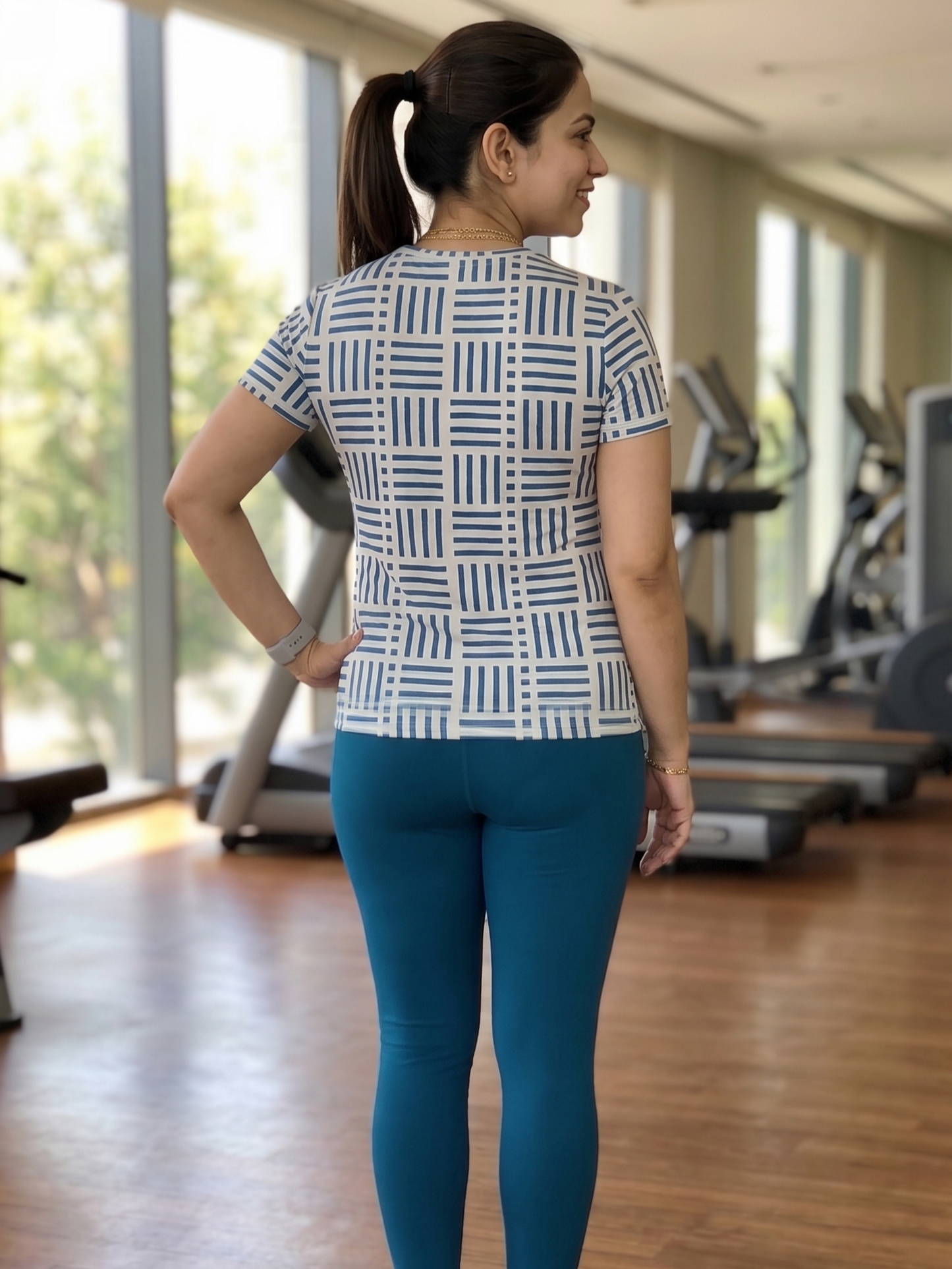 Sophisticated Geometric Print | Activewear Coord Set Tshirt With Tummy Tuck Green Leggings | Multi Sport | Odour Free