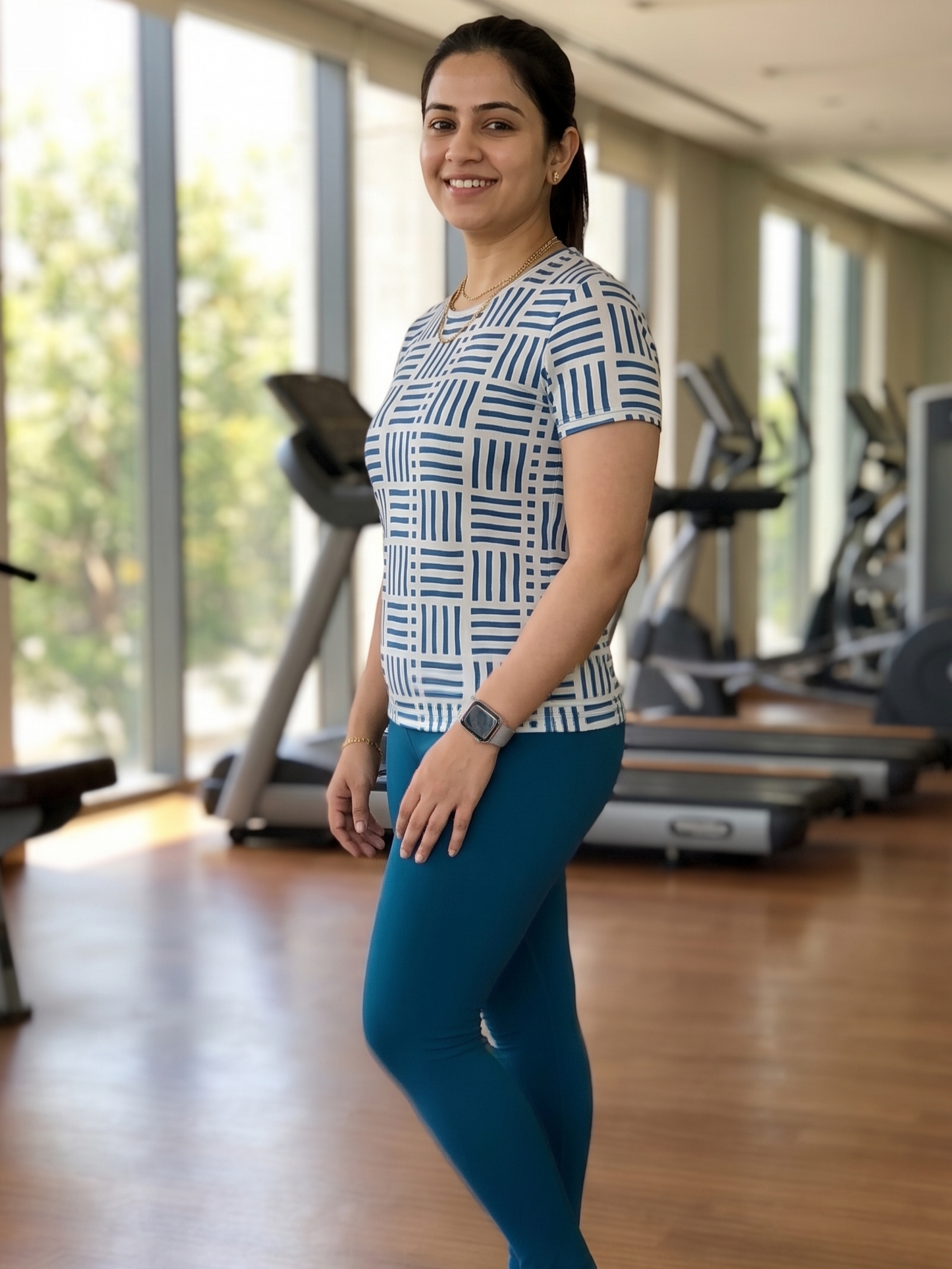 Sophisticated Geometric Print | Activewear Coord Set Tshirt With Tummy Tuck Green Leggings | Multi Sport | Odour Free