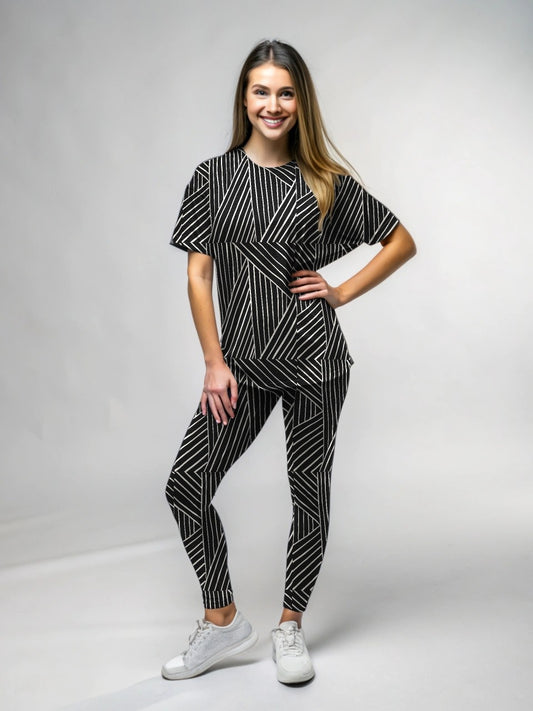 Evergreen Black Matrix Print Premium Oversized Tee With Tummy Tuck Body Shaping Leggings Co-ord Set