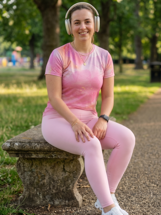 Adorable Pink Abstract Print | Activewear Coord Set Tshirt With Tummy Tuck Leggings | Multi Sport | Odour Free