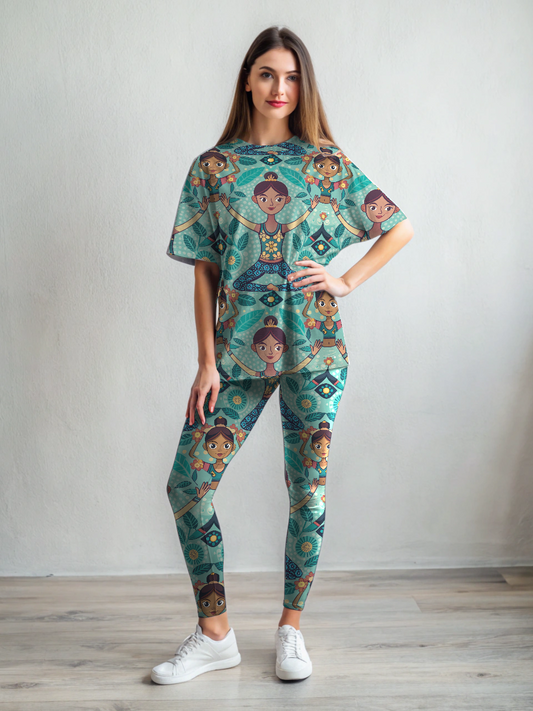 Quirky Yoga Print Premium Oversized Tee With Blue Leggings Set