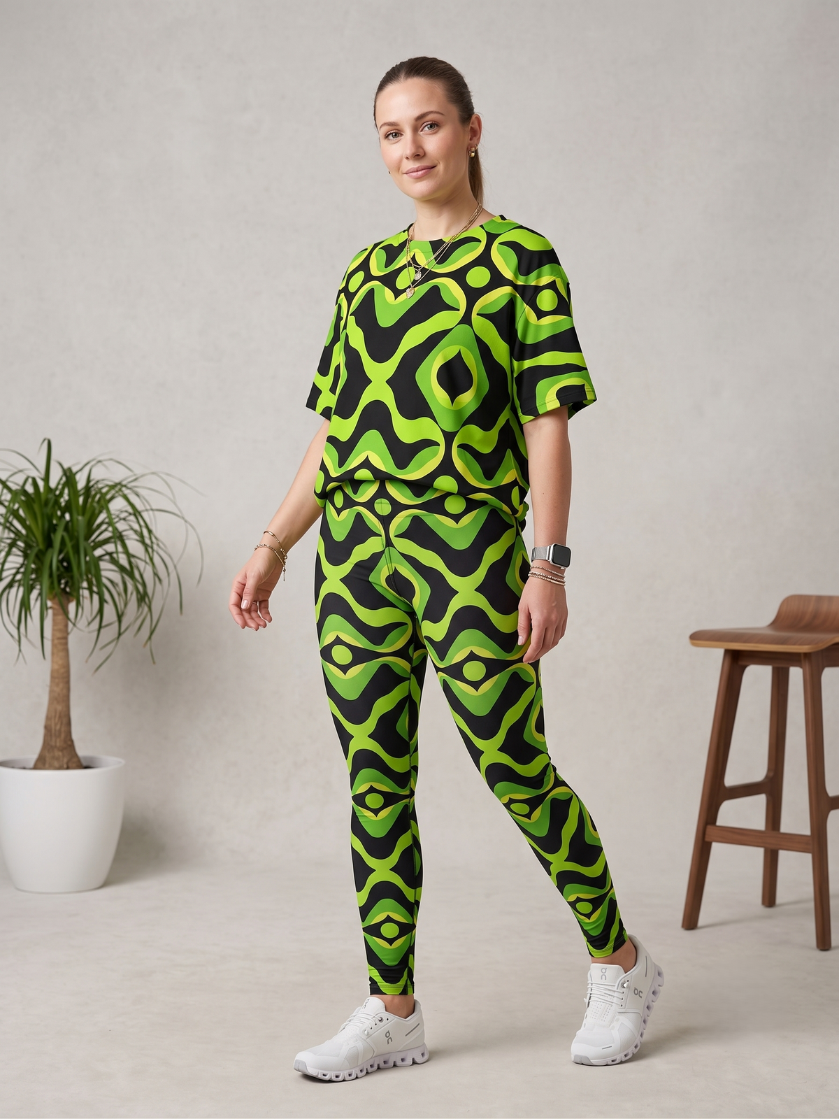 Stylish Indefinite Print Premium Oversized Tee With Tummy Tuck Body Shaping Leggings Co-ord Set - Ships in 24 Hrs