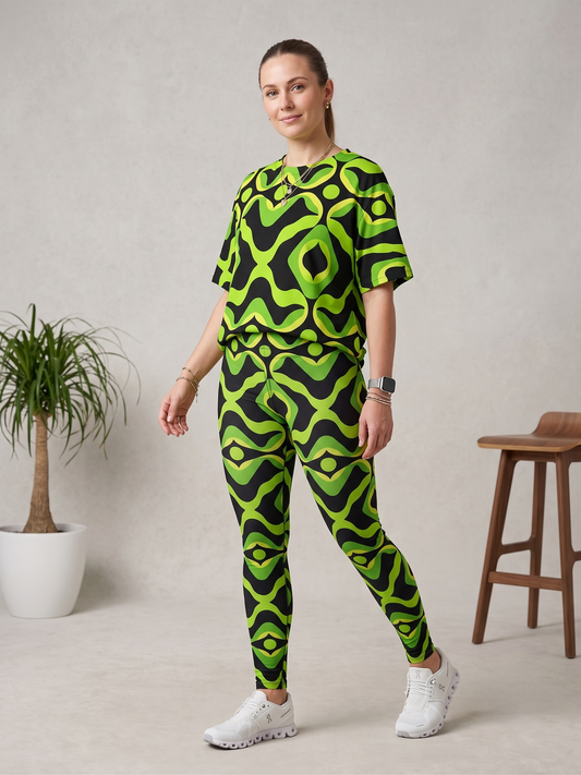 Stylish Indefinite Print Premium Oversized Tee With Tummy Tuck Body Shaping Leggings Co-ord Set - Ships in 24 Hrs