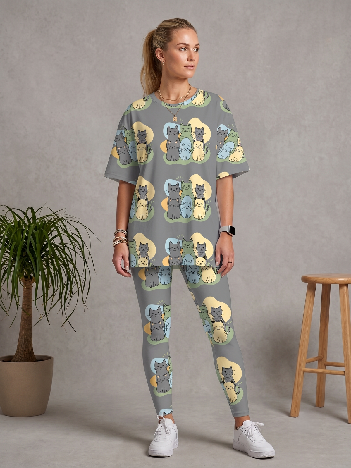 Adorable Cute Kittens Print Premium Oversized Tee With Tummy Tuck Body Shaping Leggings Co-ord Set XL - Ships in 24 Hrs