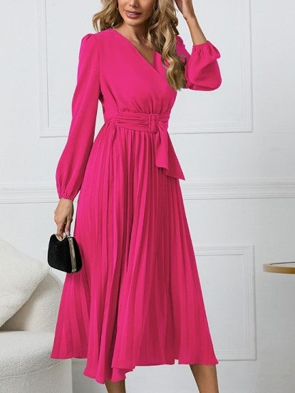Smart V  Neck Long Sleeve Pleated Plus Pink Dress