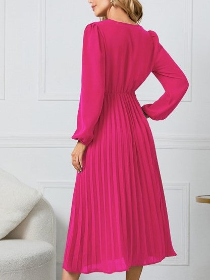 Smart V  Neck Long Sleeve Pleated Plus Pink Dress