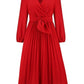 Smart V  Neck Long Sleeve Pleated Plus Red Dress