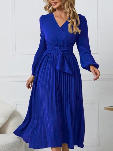 Smart V  Neck Long Sleeve Pleated Plus Blue Dress