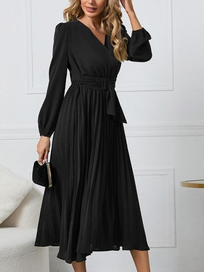 Smart V  Neck Long Sleeve Pleated Plus Black Dress