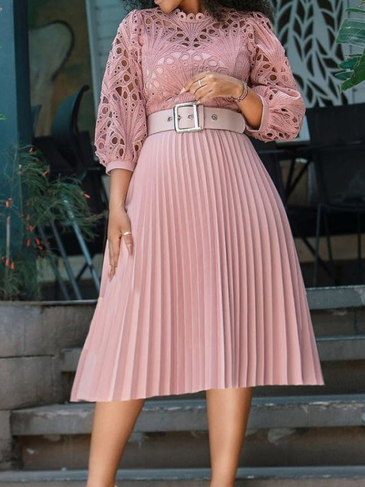 Elegant Geometric Pattern Lace High Rise Long Sleeve Pink Dress