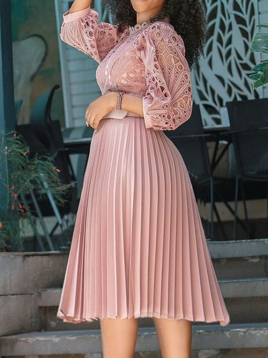 Elegant Geometric Pattern Lace High Rise Long Sleeve Pink Dress - Ships in 24 Hrs