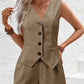 Chic Solid Sleeveless Shorts Khaki Set