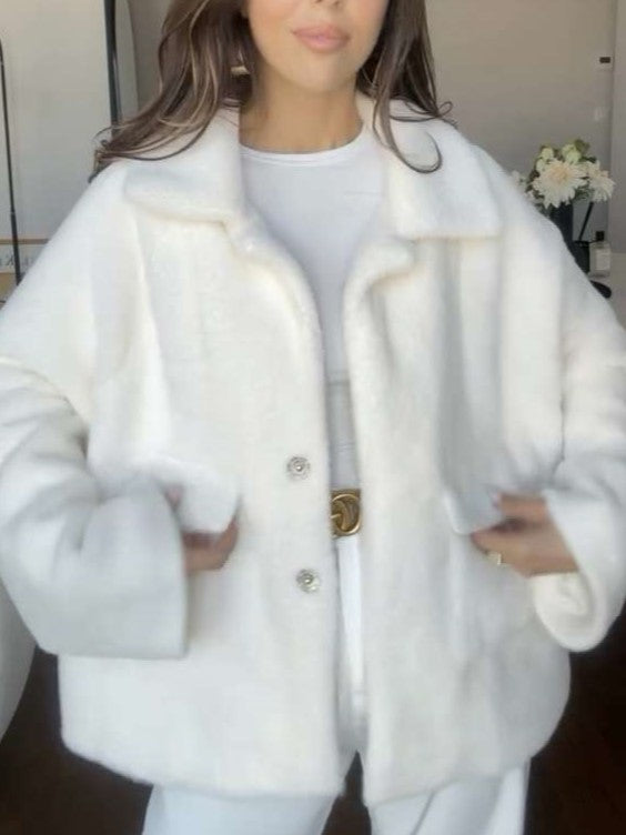 Winter Style Fluff Solid Single Breasted White Coat