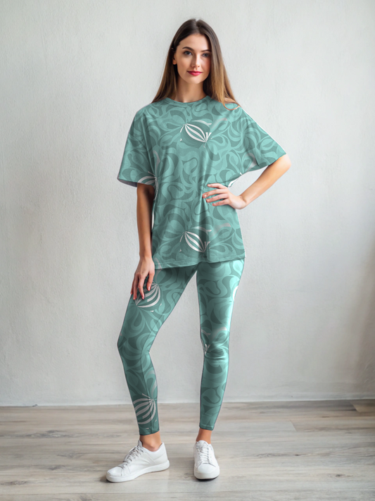 Pastel Print Premium Oversized Tee With Green Leggings Set