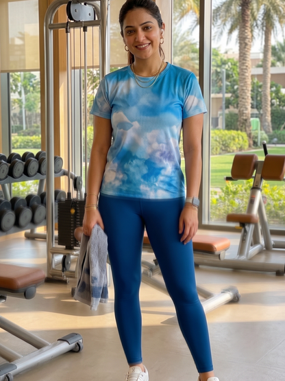 Pastel Clouds Print | Activewear Coord Set Tshirt With Tummy Tuck Blue Leggings | Multi Sport | Odour Free