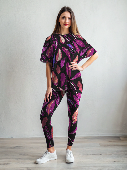 Serene Feather Print Premium Oversized Tee With Pink Leggings Set