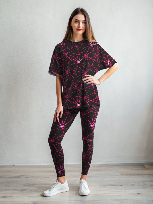 Dazzling Laser Print Premium Oversized Tee With Black Leggings Set