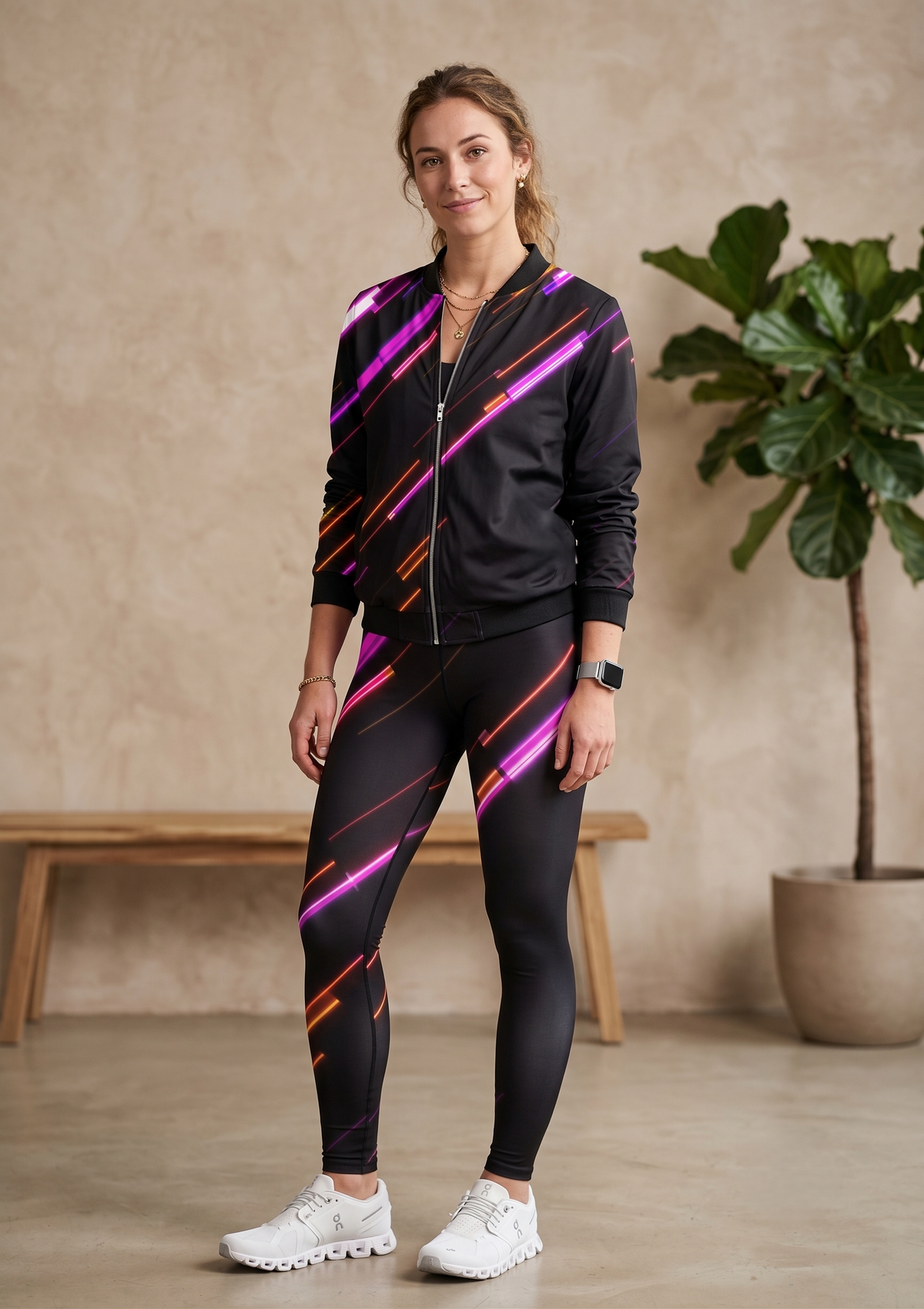 New Arrival Lines Bomber Jacket With Leggings Black Co Ord Set.