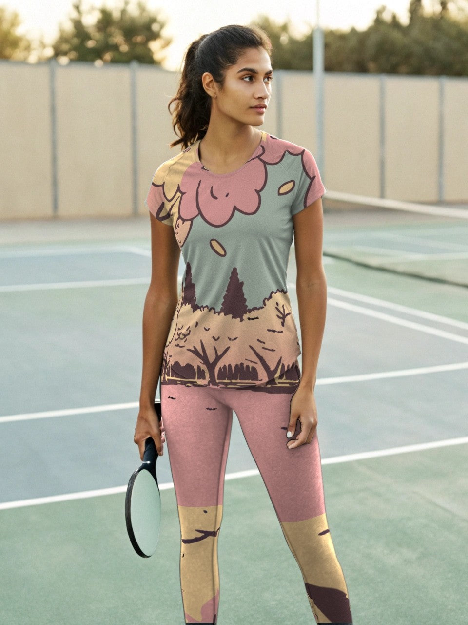 Pickleball | Paddleball | Activewear Coord Set Tshirt With Tummy Tuck Leggings | Pink Cherry Blossom Print